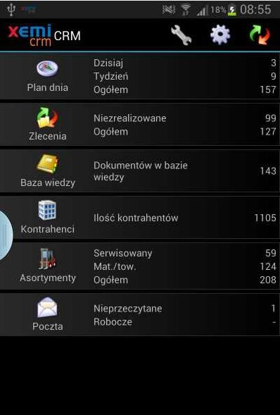 Ekran główny aplikacji Xemi CRM/Serwis